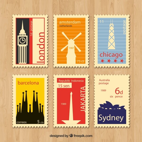 复古旅游城市邮票图片