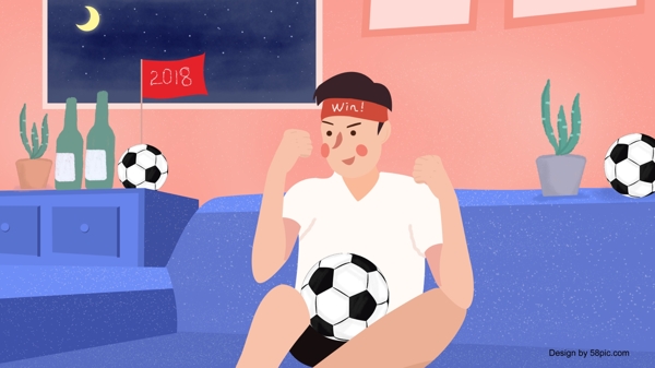 2018世界杯球迷居家熬夜看球赛插画