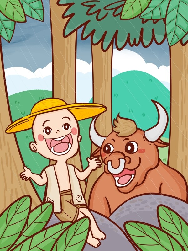 清明季节放牛娃和牛享受雨天的手绘插画