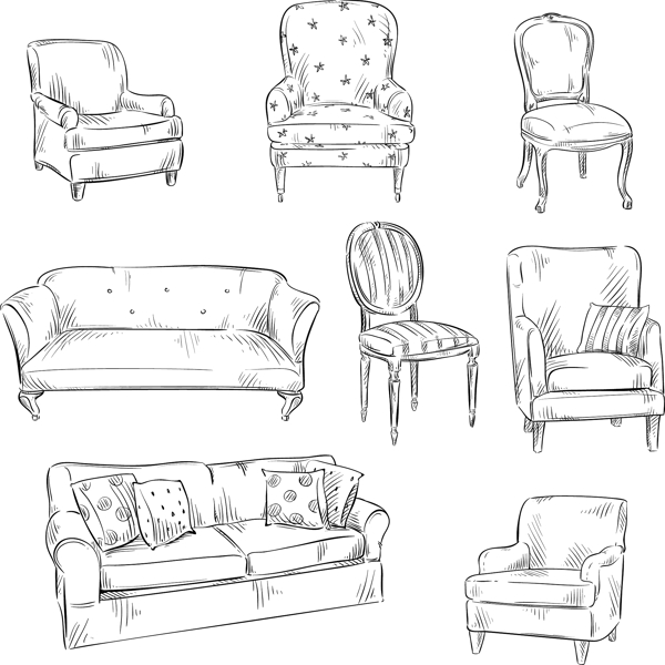 手绘素描各种沙发和椅子插画