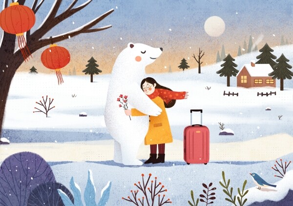 北极熊女性清新插画卡通背景素材