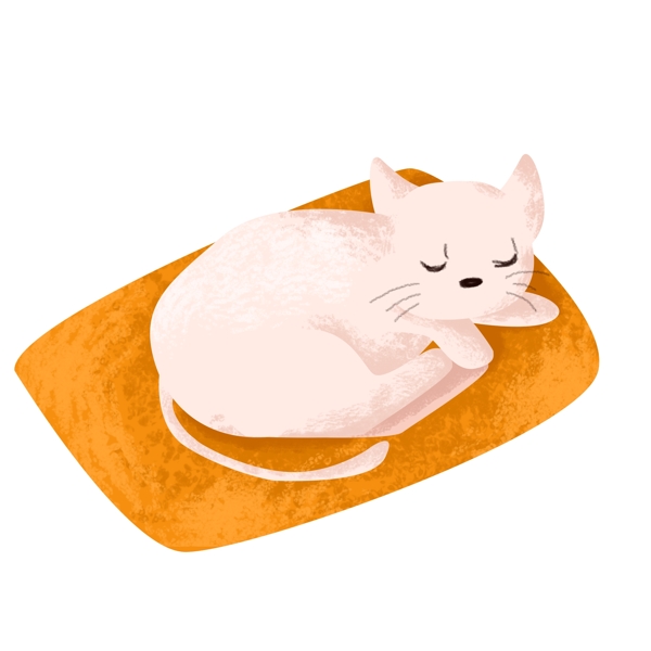 手绘卡通黄色垫子上睡觉的小白猫