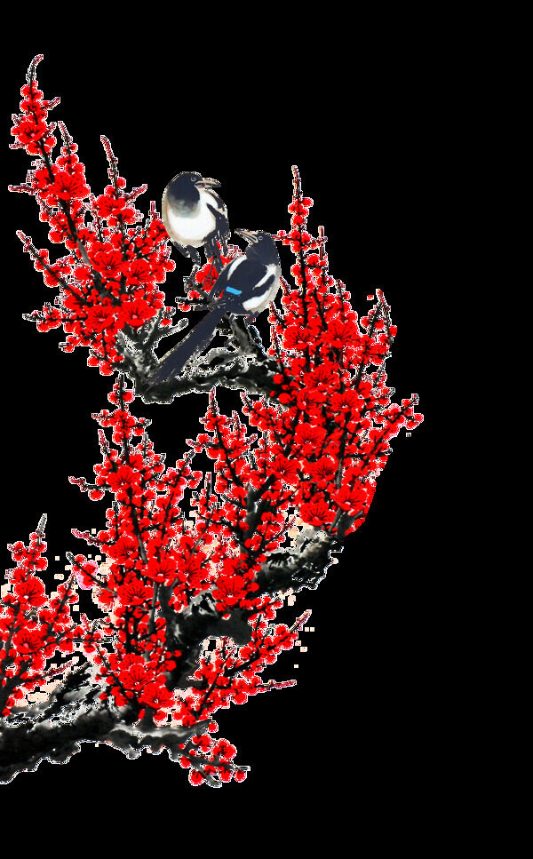 一支紅梅和鳥(niǎo)png元素素材