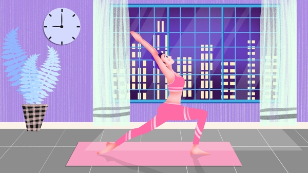 瑜伽系列5时尚清新室内瑜伽健身女孩插画