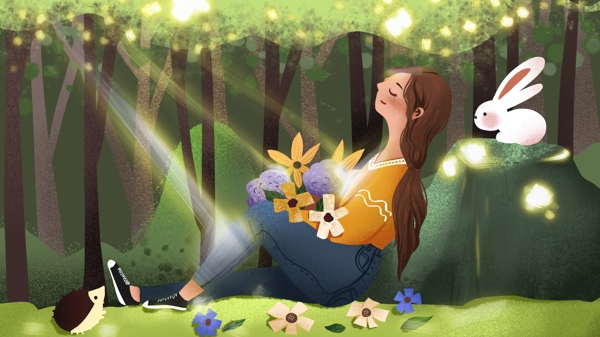 花束少女復古肌理女孩坐在森林溫馨插畫
