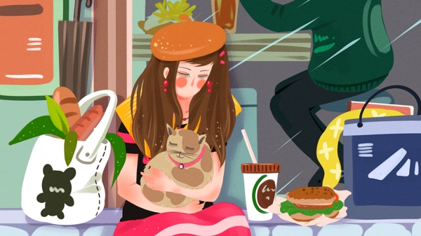 萌宠系列之坐在橱窗外抱着猫咪的女生插画