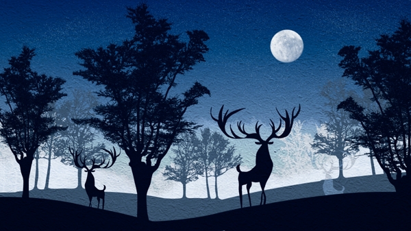 简约清新夜晚森林与鹿