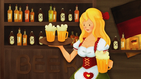 手绘复古德国酒吧甜美啤酒女郎慕尼黑啤酒节
