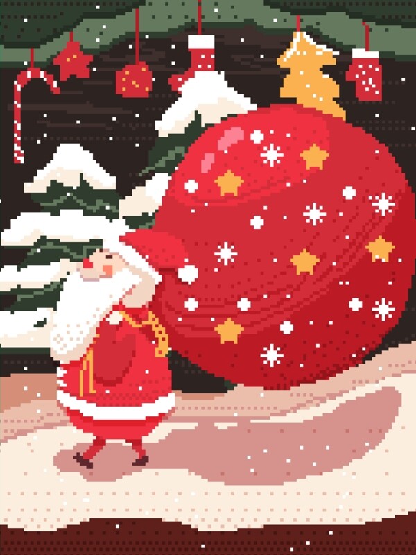 圣诞节圣诞老人复古像素风插画配图壁纸背景