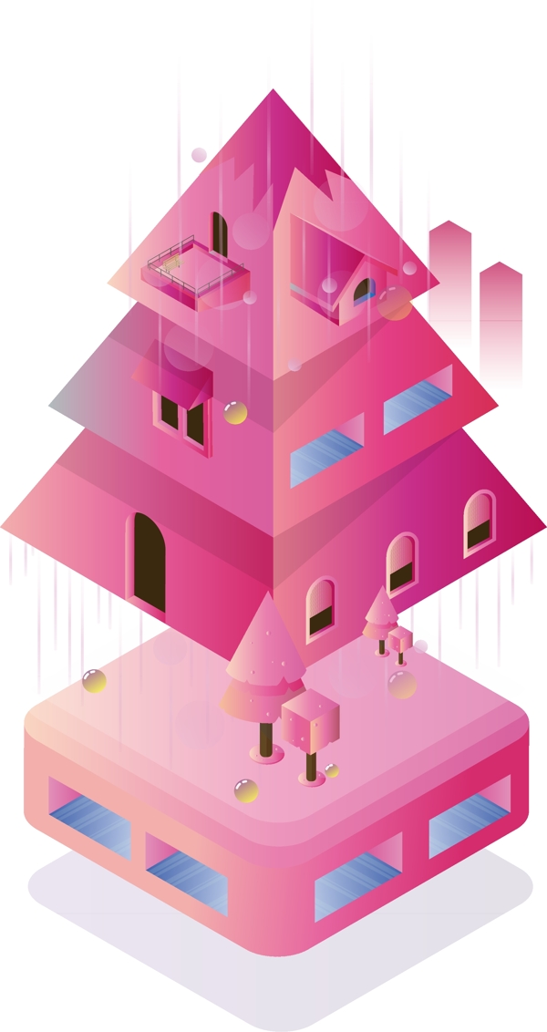 树屋原创2.5D粉红色渐变科技感卡通房子