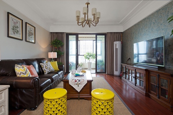 中式时尚客厅亮黄色凳子室内装修效果图