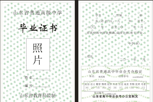 山東省普通高中畢業(yè)證范本