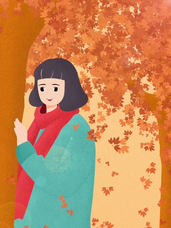 彩绘枫树林女孩背景设计