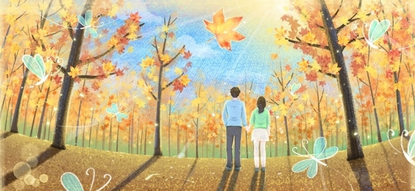 立秋漫步树林的情侣