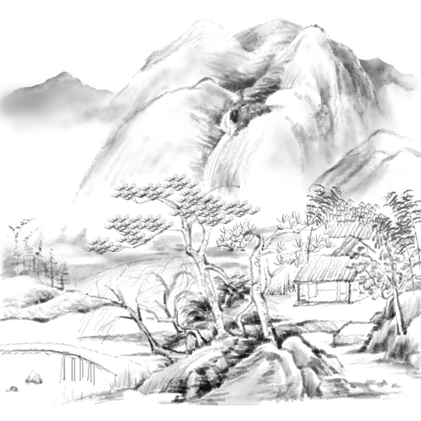 中国风水墨国画古风山水风景树小桥