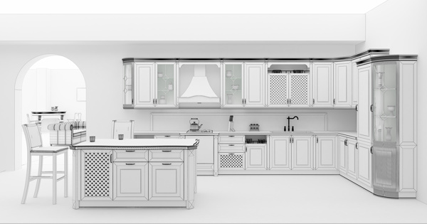 大空间开放式厨房渲染效果高清图片