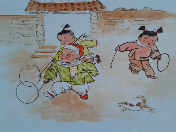 中国传统游戏校园文化铁环绘