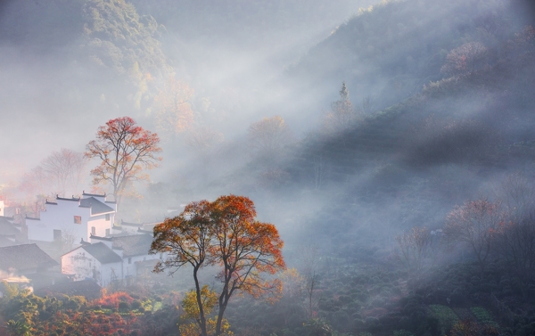 复古建筑秋季云雾背景海报素材图片