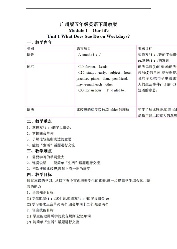 五年級(jí)下英語(yǔ)下冊(cè)教案module1unit1