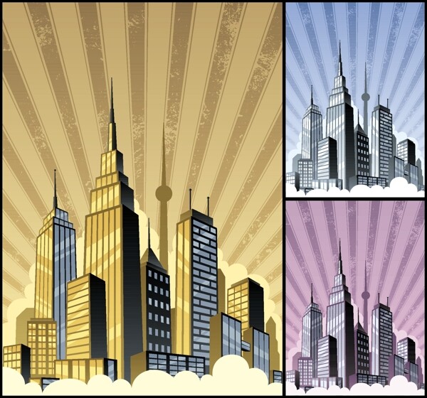 城市风景欧美卡通海报漫画风格人物矢量素材