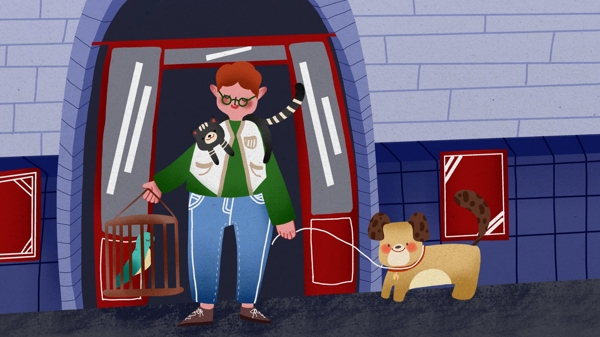 萌宠系列男孩牵着小狗在街道散步温馨插画