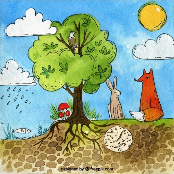树木和森林动物插画图片