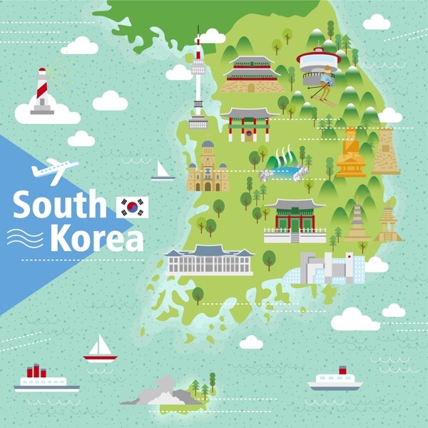 手绘矢量旅游韩国江南区景点地图海报背景