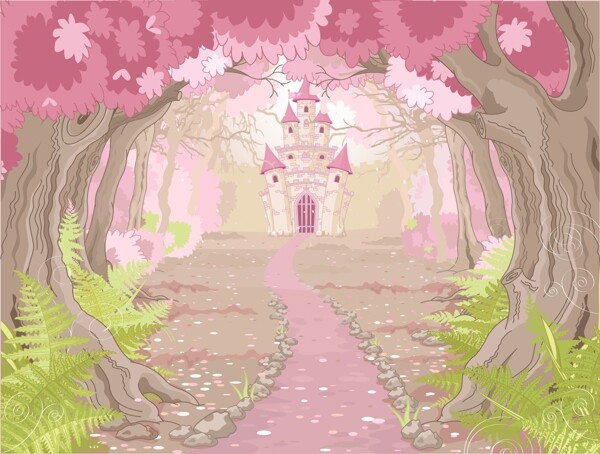 矢量儿童卡通粉色森林城堡背景