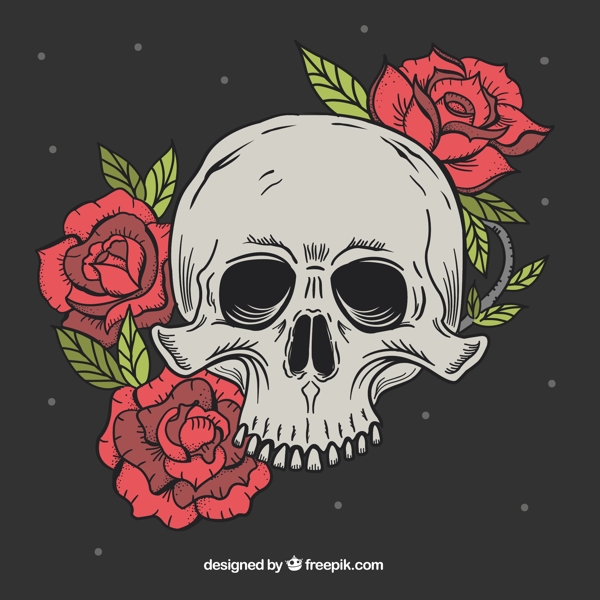 神奇的头骨与红色的花朵手绘风格
