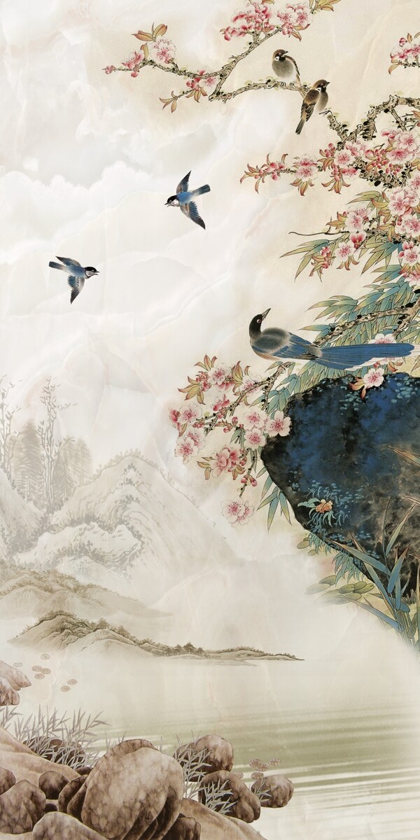 中式山水花鸟玄关背景墙