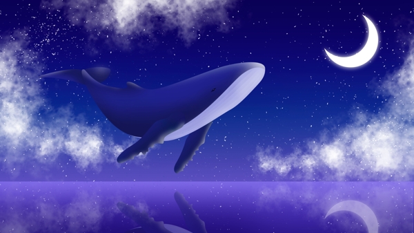 卡通梦幻月亮与鲸鱼插画