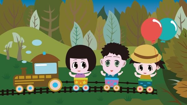 小朋友坐小火车去旅行卡通儿童插画