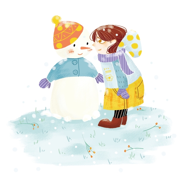 冬季冬天节气冬装卡通雪人和小女孩插画