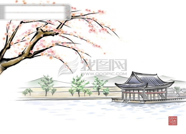 HanMaker韓國(guó)設(shè)計(jì)素材庫背景水墨繪畫房屋枝頭桃花