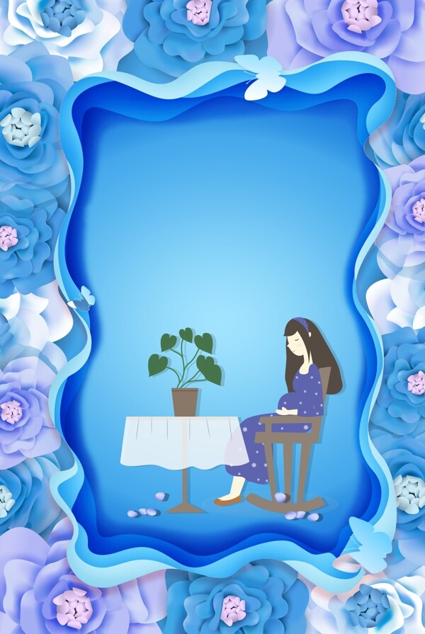 蓝色清新立体花朵母亲节人物边框背景