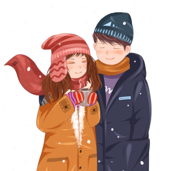 冬季大雪中的情侣手绘人物设计