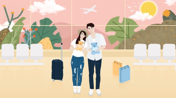 世界旅游日情侣度蜜月过二人生活原创插画