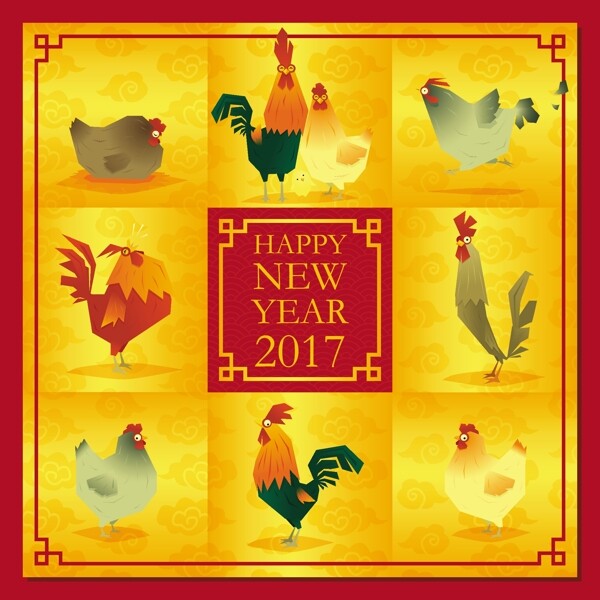 創(chuàng)意2017年九只雞新年賀卡矢量素材