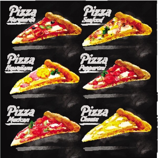 6款水彩绘美味三角披萨矢量素材
