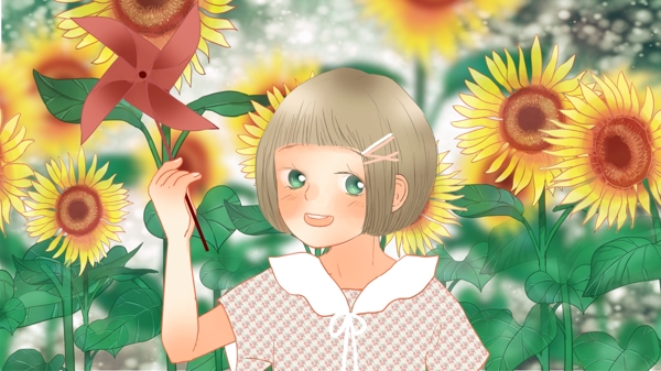 清新夏日在向日葵花丛里玩纸风车的小女孩