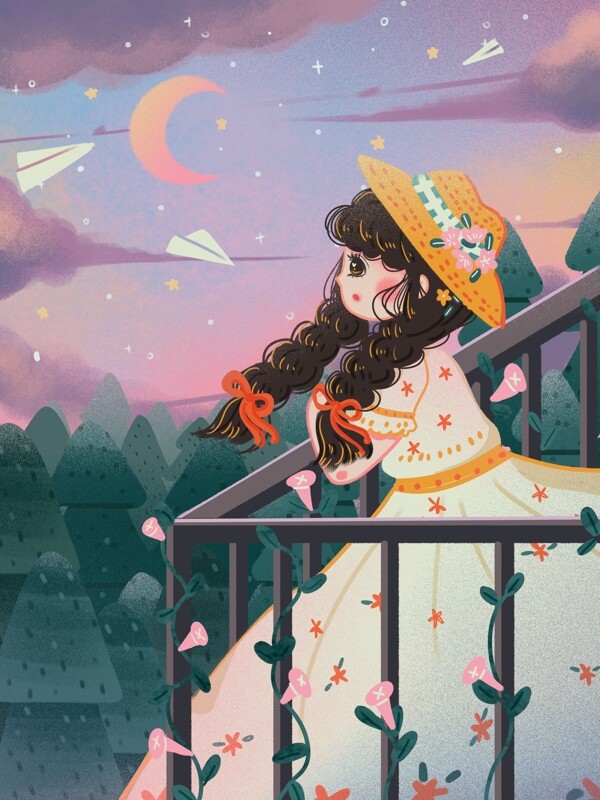 扁平治愈眺望天空傍晚森林里的彩霞城堡公主