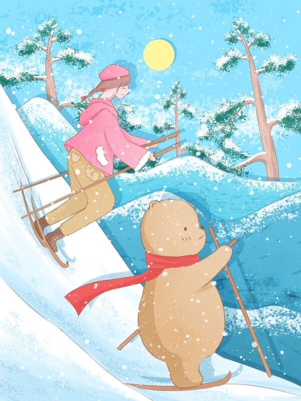 冬季滑雪场景清新水彩插画滑雪的红衣女孩