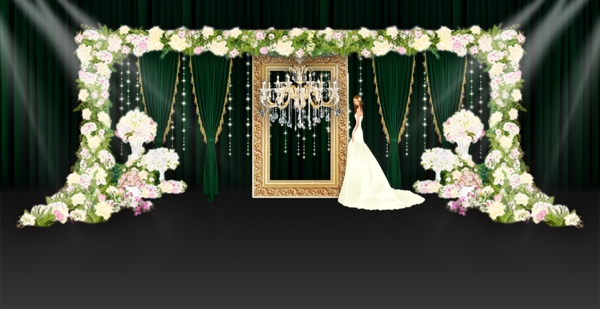 墨绿花门布幔水晶灯相框迎宾展示婚礼效果图