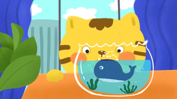 超现实小猫和鲸鱼卡通可爱治愈系插画