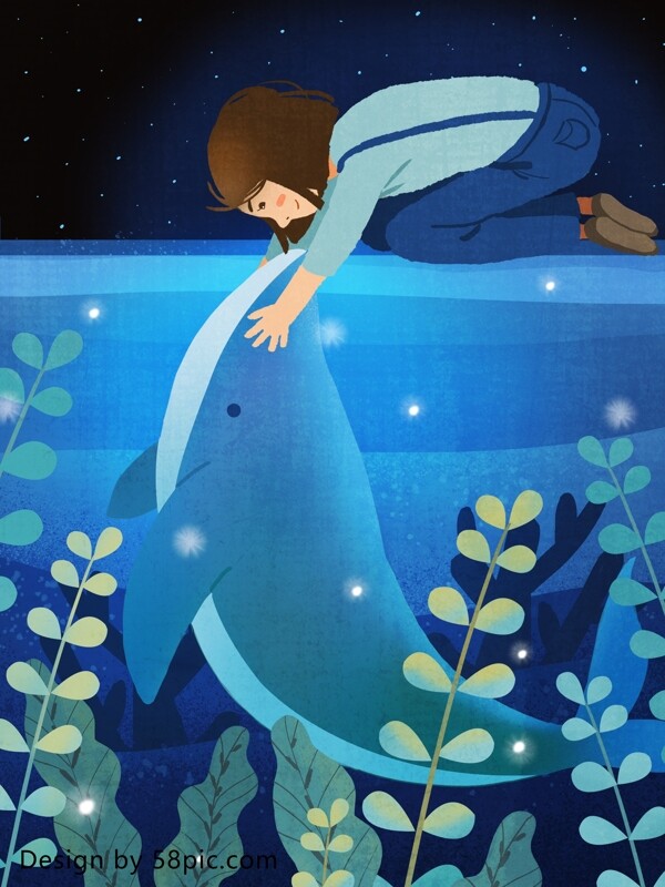 海蓝时见鲸女孩与鲸鱼原创手绘插画