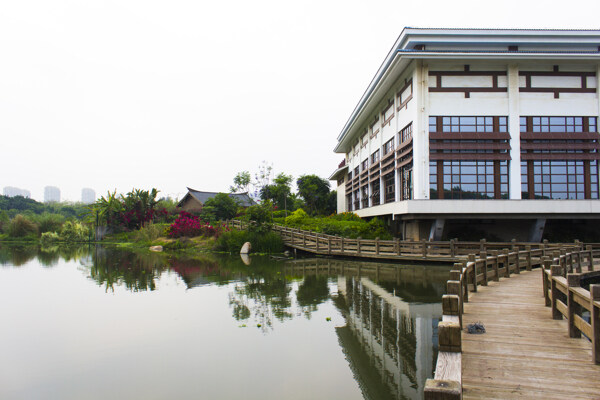 中式古典建筑湖边湿地休闲度假消暑