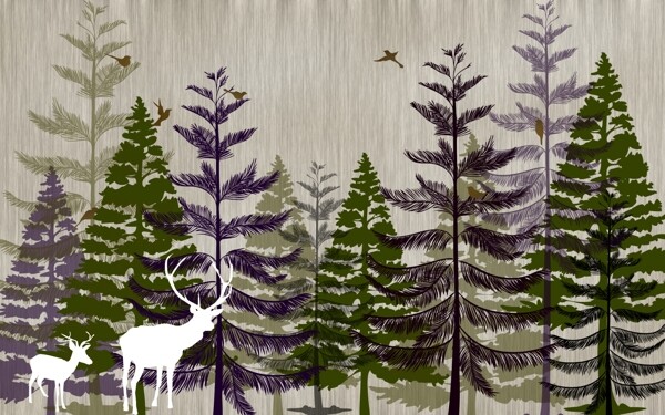 小清新北欧抽象树林麋鹿背景墙