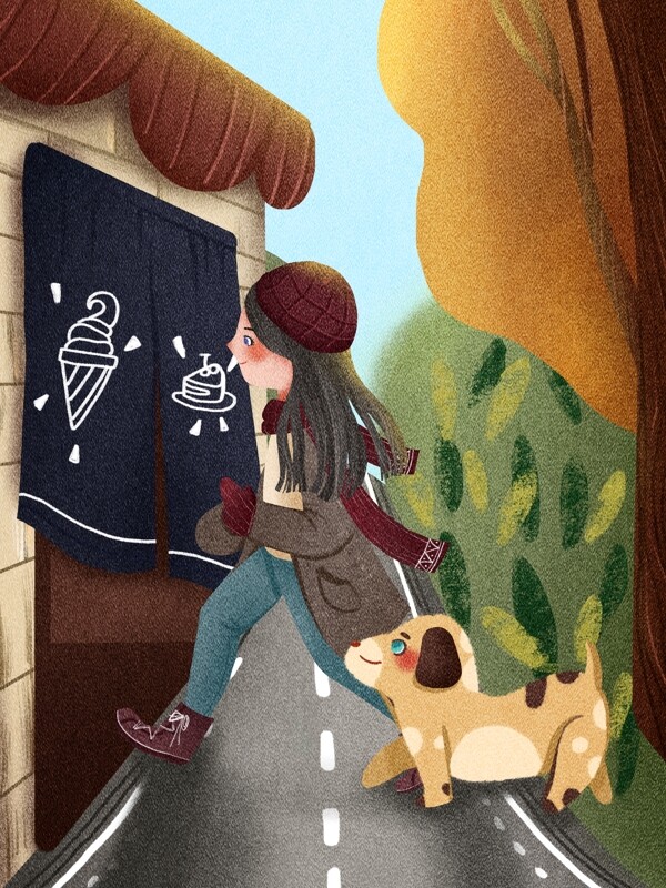 萌宠陪伴女孩和小狗一起进冰淇淋店肌理插画