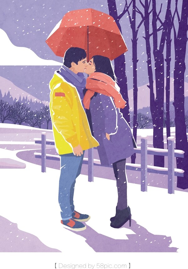 情侣冬季日常大雪里接吻插画
