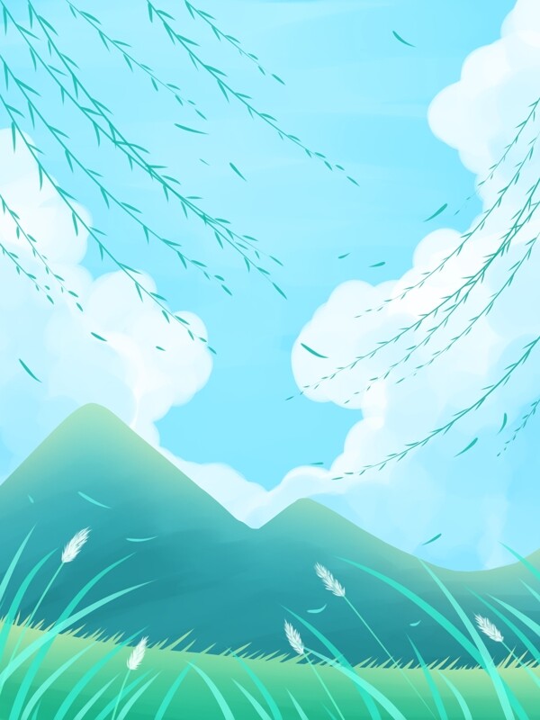卡通手繪綠色風景插畫背景